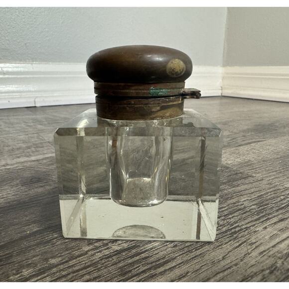 Antique Vintage Crystal Glass Block Ink Well Brass Lid Art Deco Cube Grandpacore - Picture 12 of 13